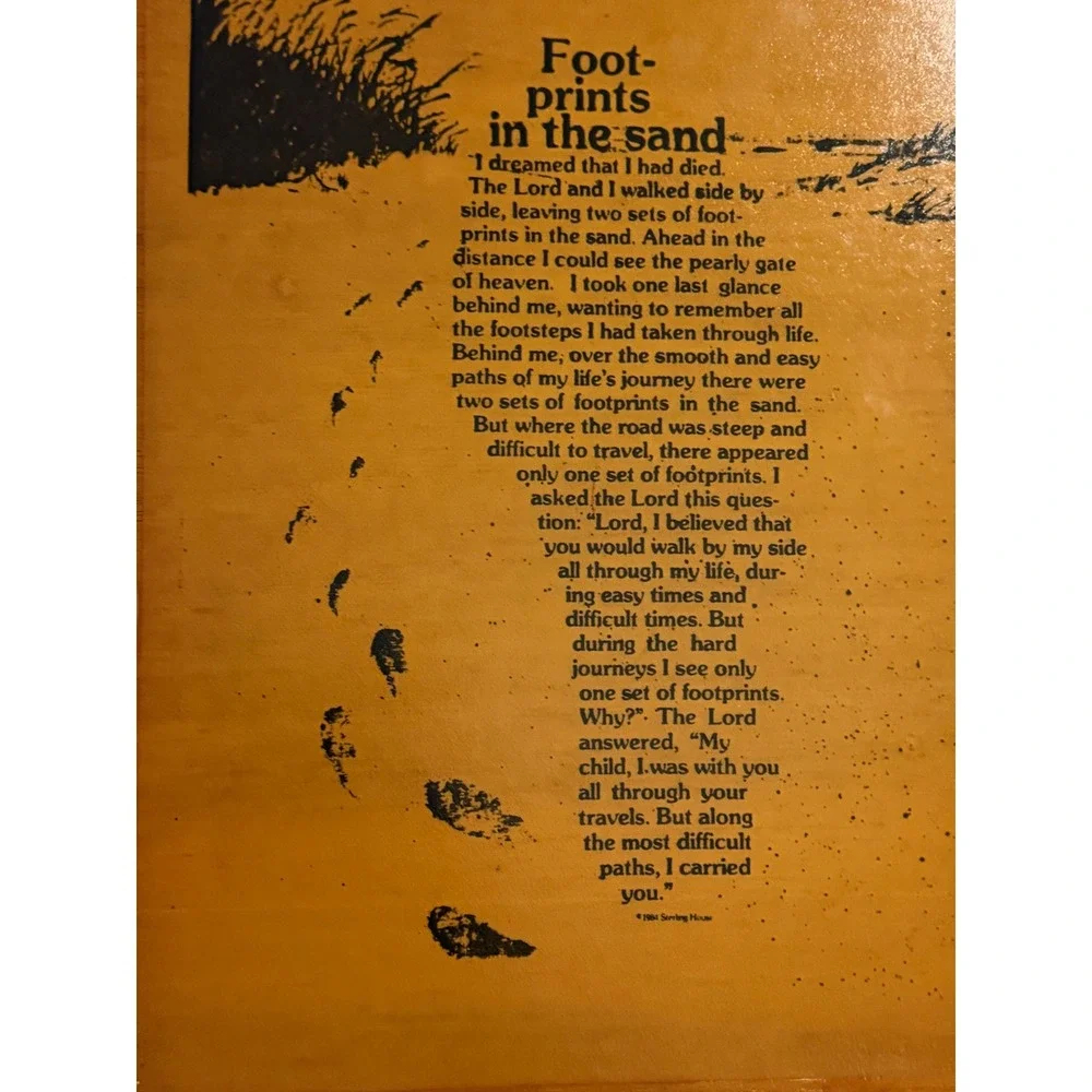 Vintage 1984 Footprints in the Sand Wooden Wall Plaque Sterling House Religious